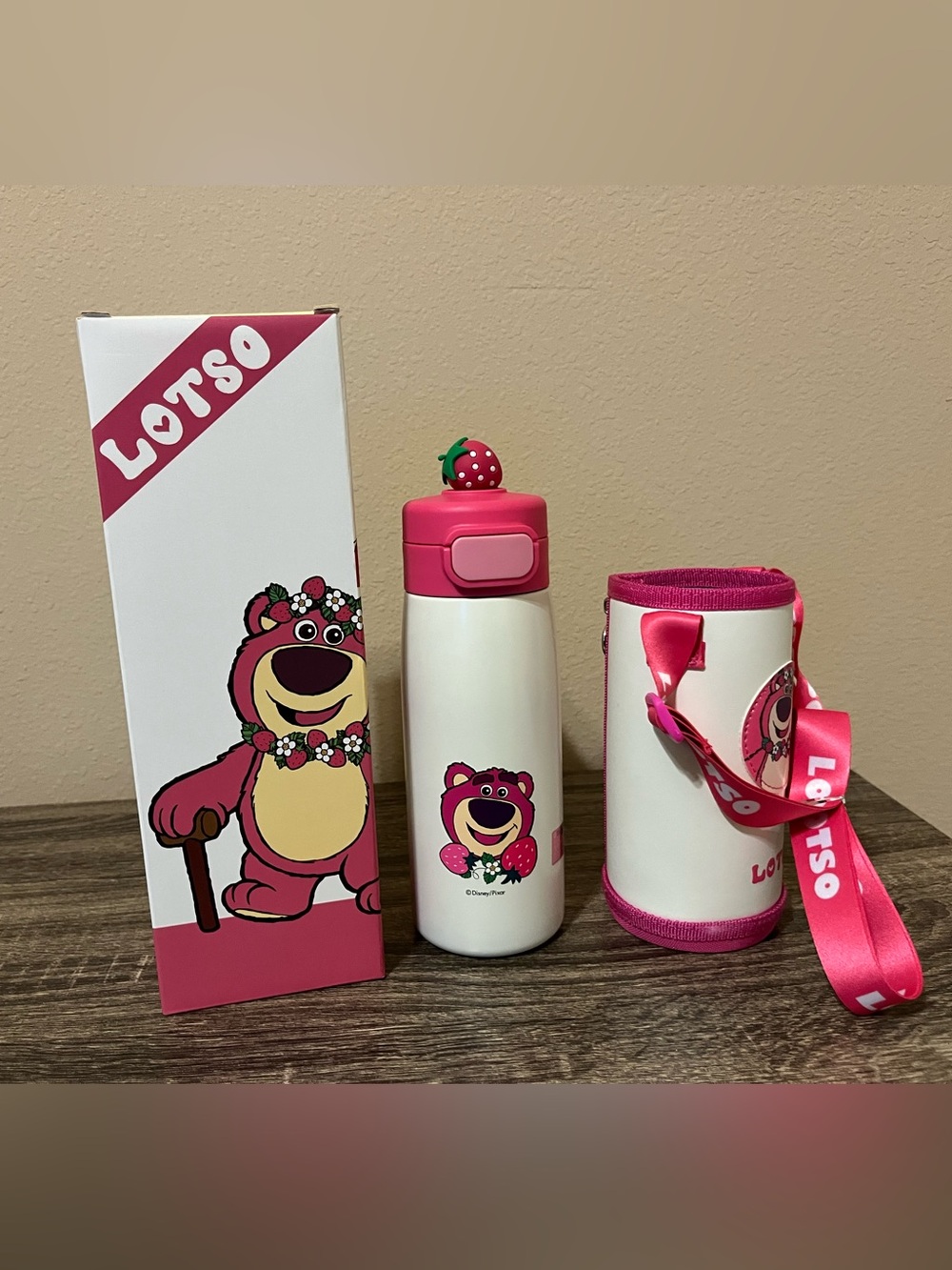 Lotso Strawberry Kids Thermal Water Bottle with Pink Carry Sleeve